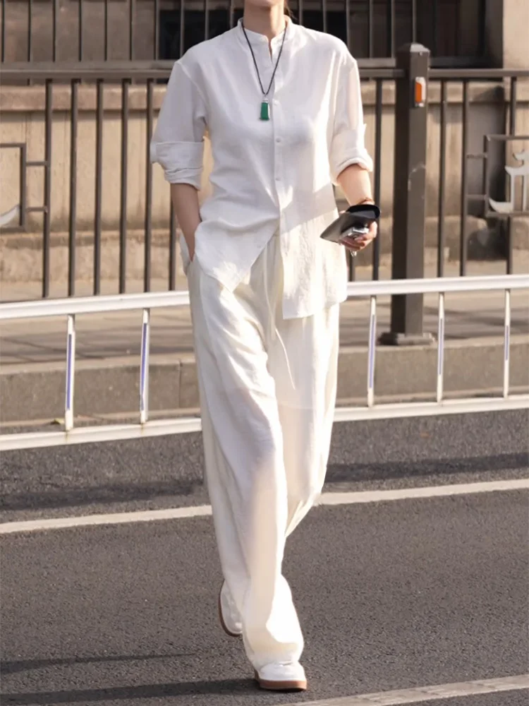 Laoqianfeng Men's Summer Casual Silk Shirt And Pants Two-Piece Set Breathable Lightweight Fashionable Versatile Long Sleeve