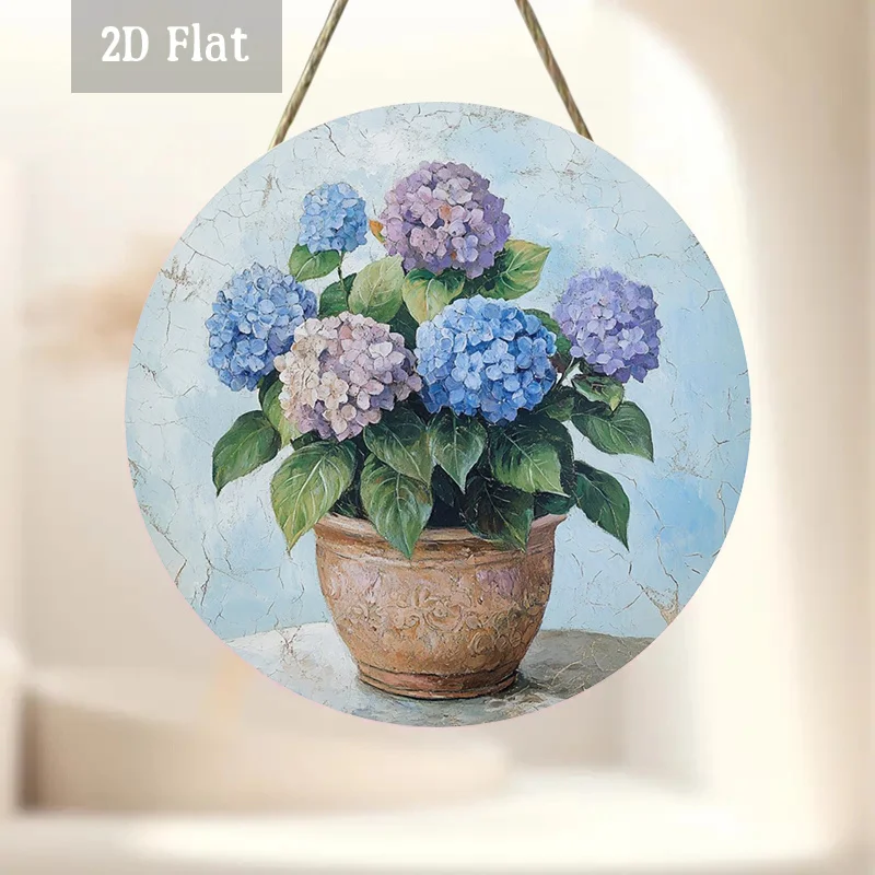 2D Flat - 1pc Hydrangea Flower Wooden Panel Artwork, Earthy Pot Wooden Wall Decoration, Pastel Colored Wall Art - Round Canvas W