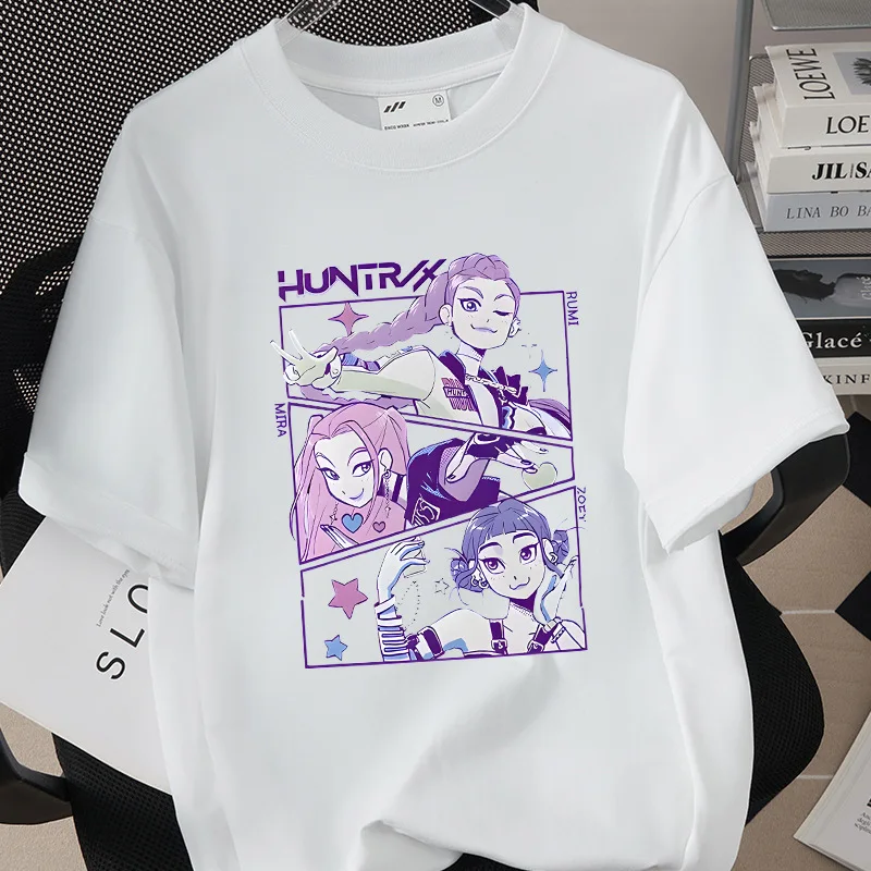 

Аниме Kpop охотники на демонов для мальчиков и девочек, одежда для косплея, футболка с короткими рукавами, милая повседневная дышащая футболка с короткими рукавами для охотников на демонов