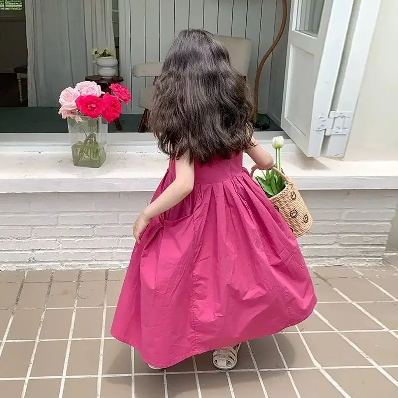 Girls Sleeveless Princess Dress Summer Solid Color Cotton Large Skirt Vest Dress for Outer Wear Casual Solid Color Simple Style