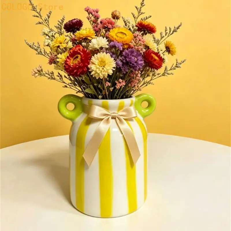 Ceramic Flower Vases Small Striped Flower Vessel with Double Side Detail for Shelf Display, Desk Styling, and Entry Table
