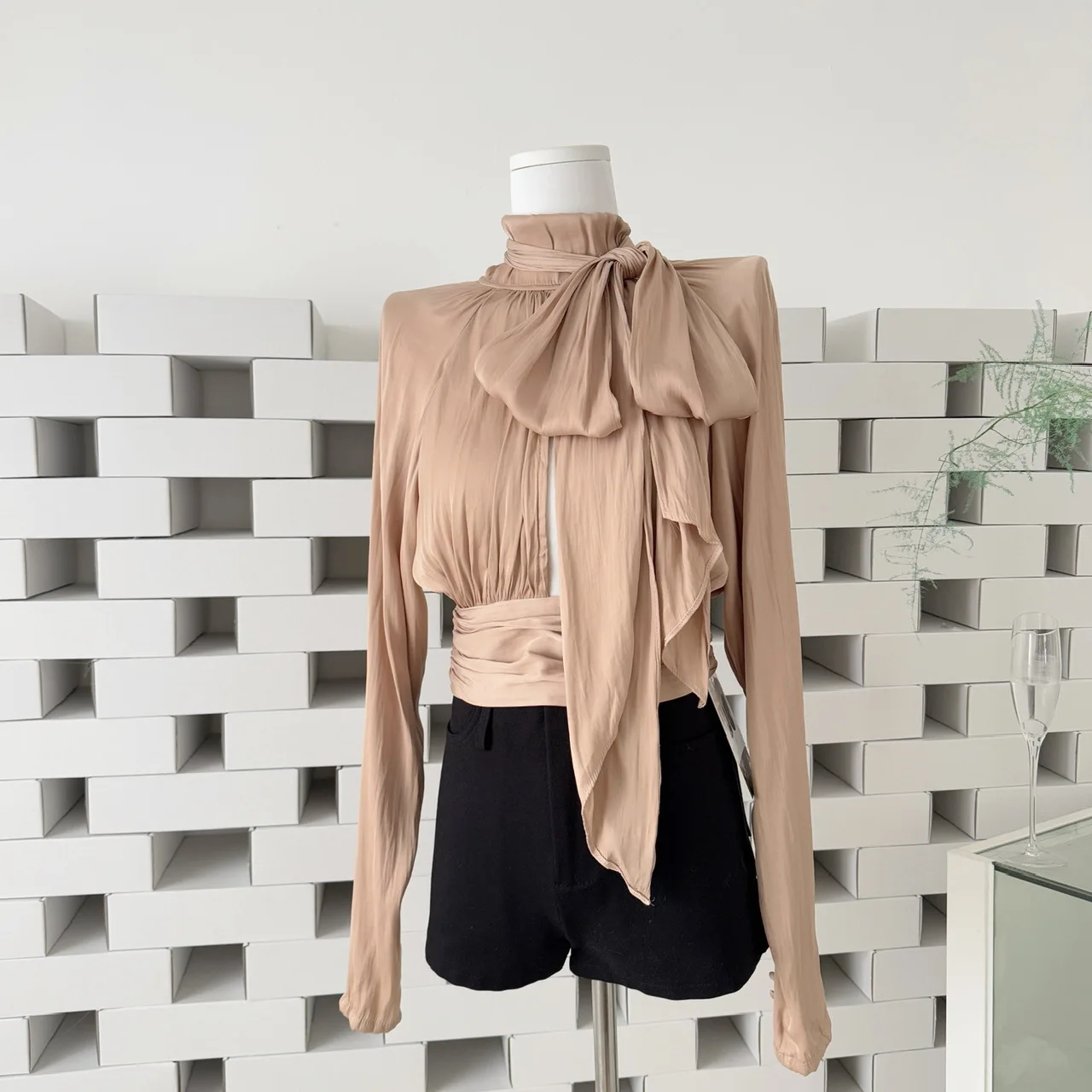 

Nude streamer shirt women's short waist slim-fitting summer long-sleeved small stand-up collar top