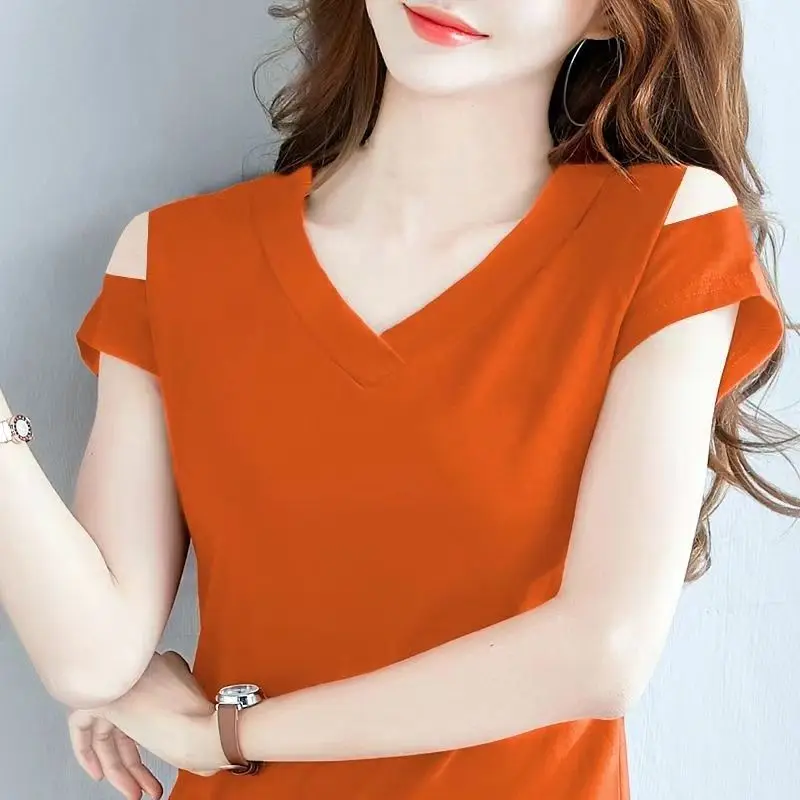 Short Sleeve Summer Thin T-Shirts Loose V-neck Pullovers Solid Simplicity Office Lady Elegant New  Casual Women\'s Clothing 2023