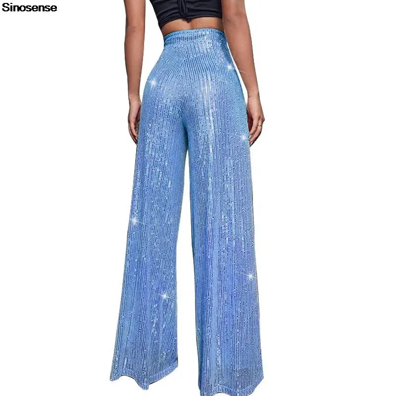 Women High Waist Sequin Sparkle Flared Pants Casual Loose Wide Leg Bell Bottom Trousers Glitter Bling Clubwear Party Shiny Pants