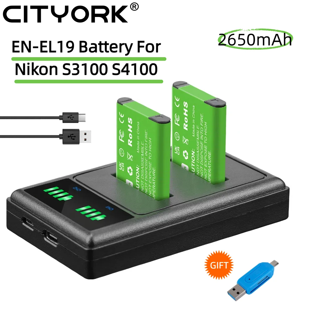 2650mAh EN-EL19 Battery For Nikon S3100 S3200 S3300 S3500 S4100 S4150 S4200 S4500 S5200 S650 With 2-Slots Battery Charger