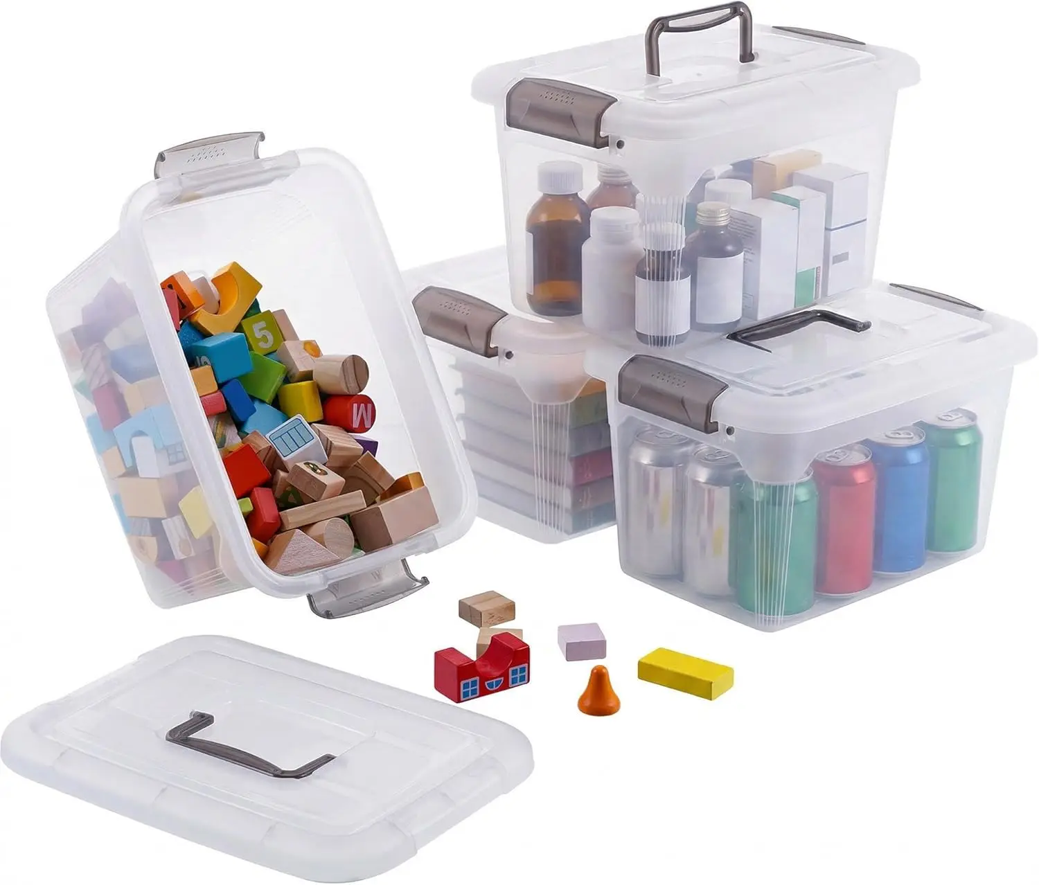 

4 Packs 6 QT Storage Bins with Lids Clear Plastic Bins with Grey Handle Stackable Storage Containers for Organizing