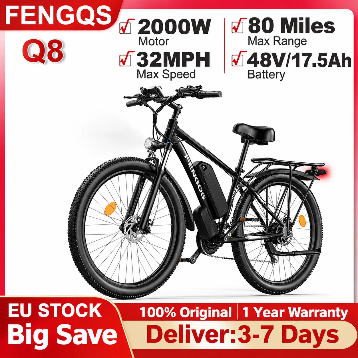 Image of FENGQS Q8 Elektrofahrrad 48V 17,5Ah Akku Spitzenleistung 2000W Motor 32MPH Höchstgeschwindigkeit 80 Meilen Maximale Reichweite 27,5*2,1 Zoll Fat Tire E-Bike Mountainbike