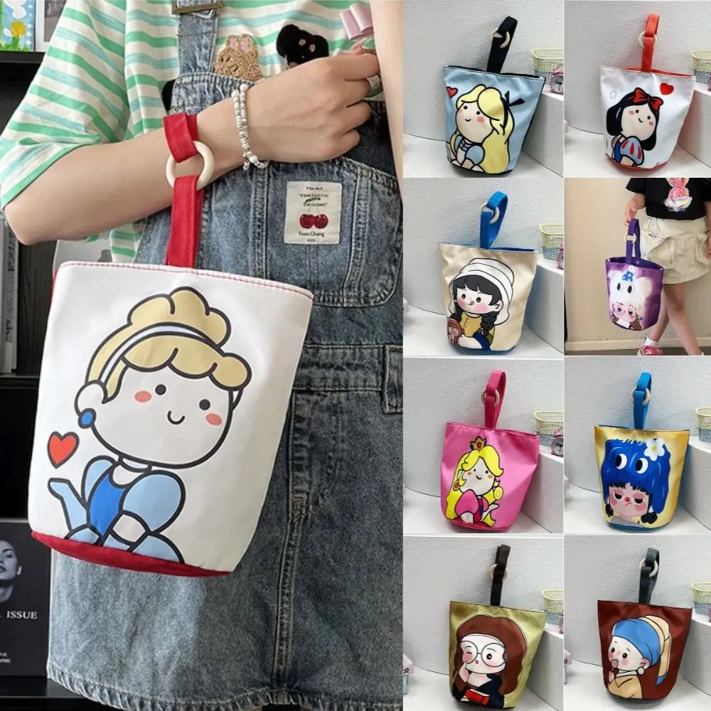 New Illustration Bucket Bag Outward Handheld Women's Bag Large Capacity Canvas Shoulder Bag