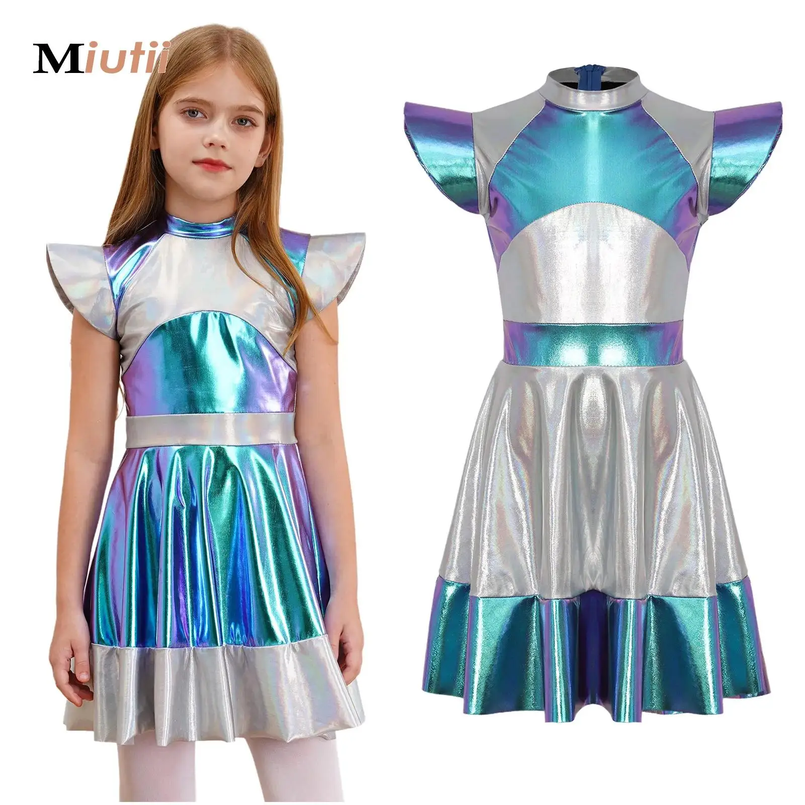 子供宇宙宇宙飛行士エイリアンロボットコスプレ衣装メタリックキャップスリーブチュチュダンスドレスカーニバルフェスティバルハロウィン服