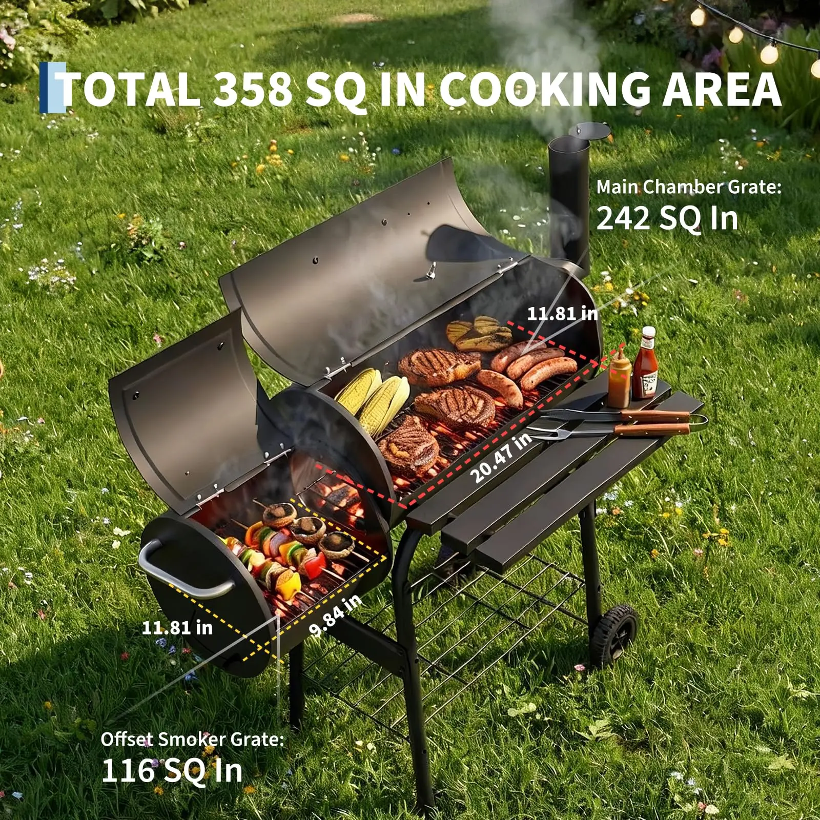 【Out of Stock】Charcoal Grills with Offset Smoker, Barrel Barbecure Smoker Grill Combo, Outdoor BBQ Grill with Handle and Wheels, for Camping Picnic Patio Backyard Party