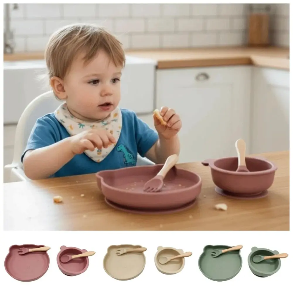

Cartoon Bear Baby Weaning Dishes Set Shatter-proof Anti-Slip Baby Silicone Sucker Plate with Fork Spoon Easy Clean