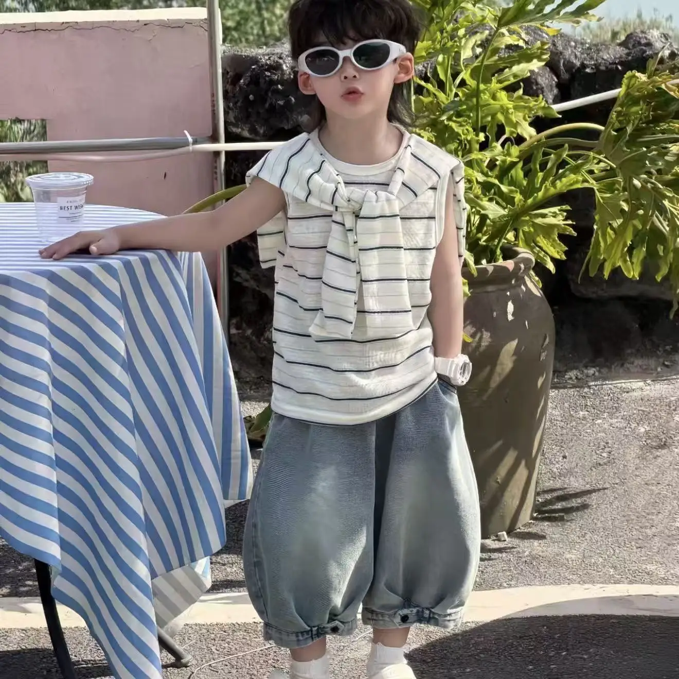 2026 Summer New Children's Boys Knitted Sailor Collar+Sleeveless Striped Top+Jeans Children's Three Piece Set