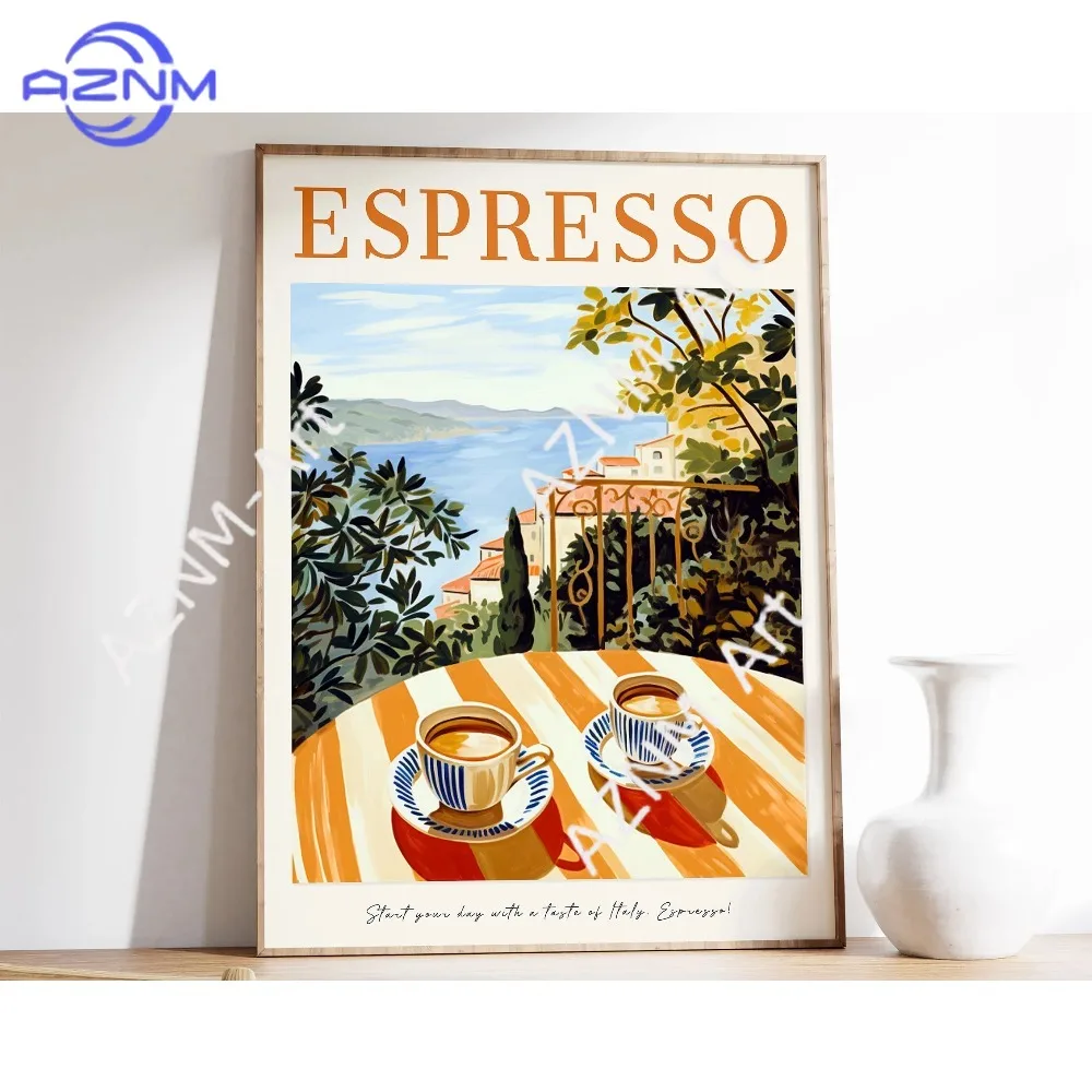 Vintage Botanical Coffee Canvas Wall Art Retro Striped Potted Plant & Coffee Cup Print for Modern Kitchen & Living Room Decor