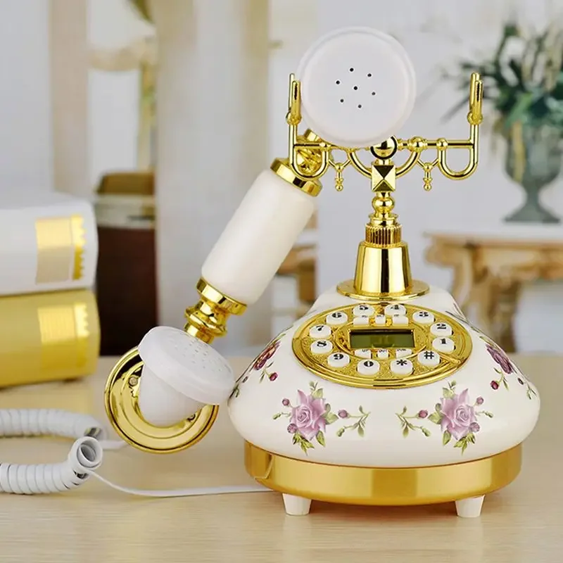 Ceramic Vintage Antique Phone Landline Telephone With Caller ID, Blue Screen Backlight, Electronic Ringtone For Home Office
