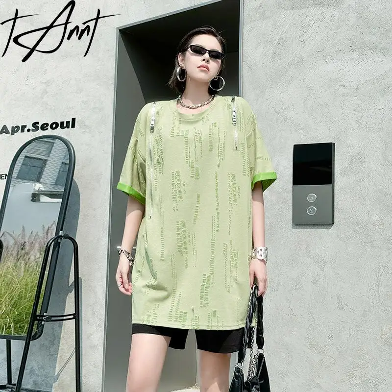 

Tannt Women T Shirt Hole Patchwork Long Cotton Tshirts For Women 2025 New Green Black Loose Casual Summer Tshirts Tops