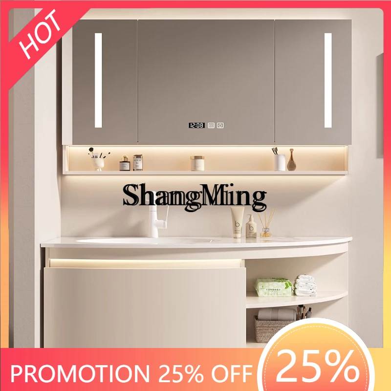 

SM wind bathroom cabinet combination rounded corner rock slab seamless ceramic integrated basin washstand rubber wood