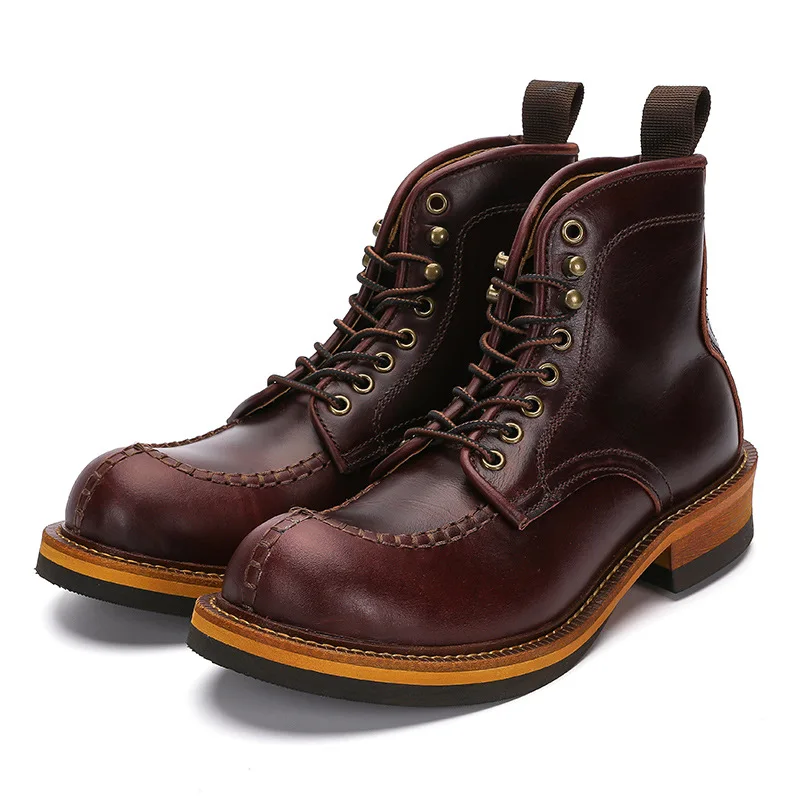 Men\'s Genuine Leather Handmade Motorcycle Boots Big Toe Shoes Men Combat Boots