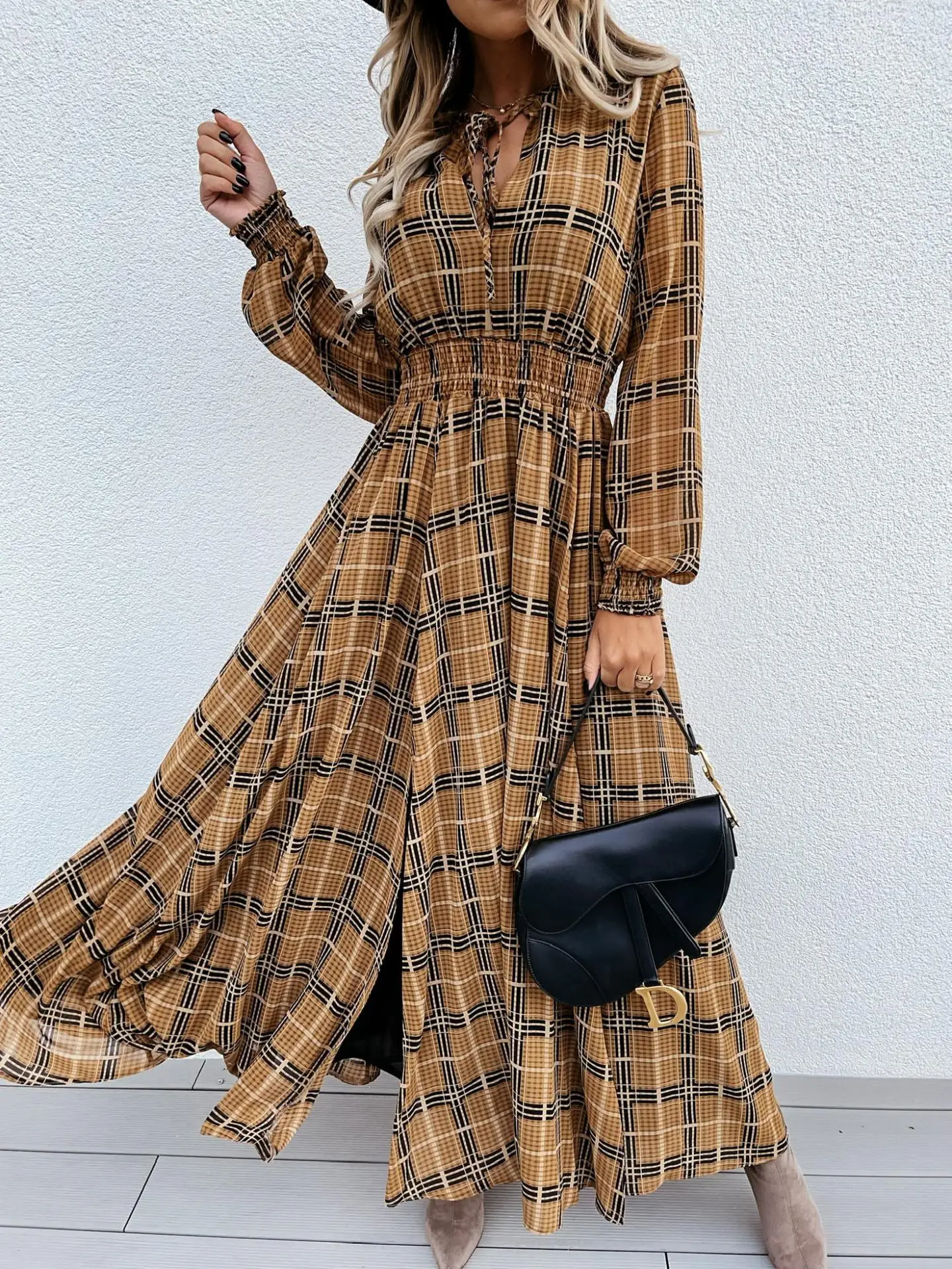 

New European and American style print long sleeve waist split dress