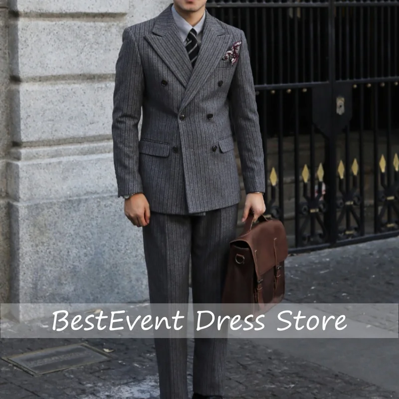 2026 Thick Style Stripes Herringbone Pattern Men's 2 Piece Suit Double-Breasted Slim Fit Trousers Vintage Braze Suit Customized