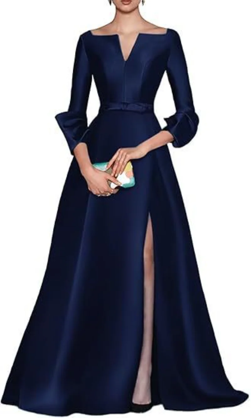 QMANSHA Maßgeschneiderte Satin-Abendkleider, schulterfrei, V-Ausschnitt, hoher Schlitz, A-Linie, formelles Kleid, Brautmutterkleid, Hochzeitsfeierkleid – Detail 12
