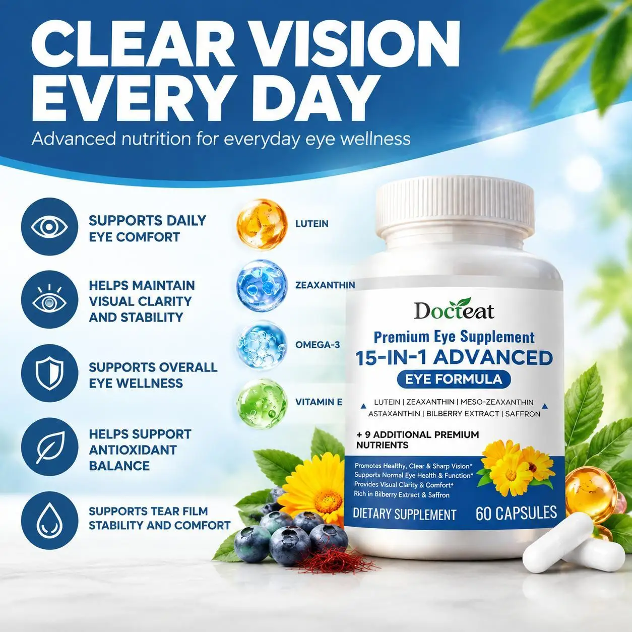15-in-1 Eye Formula Capsules,Supports Visual Clarity & Eye Comfort,Lutein, Zeaxanthin, Bilberry, SaffronAstaxanthin,60 Capsules