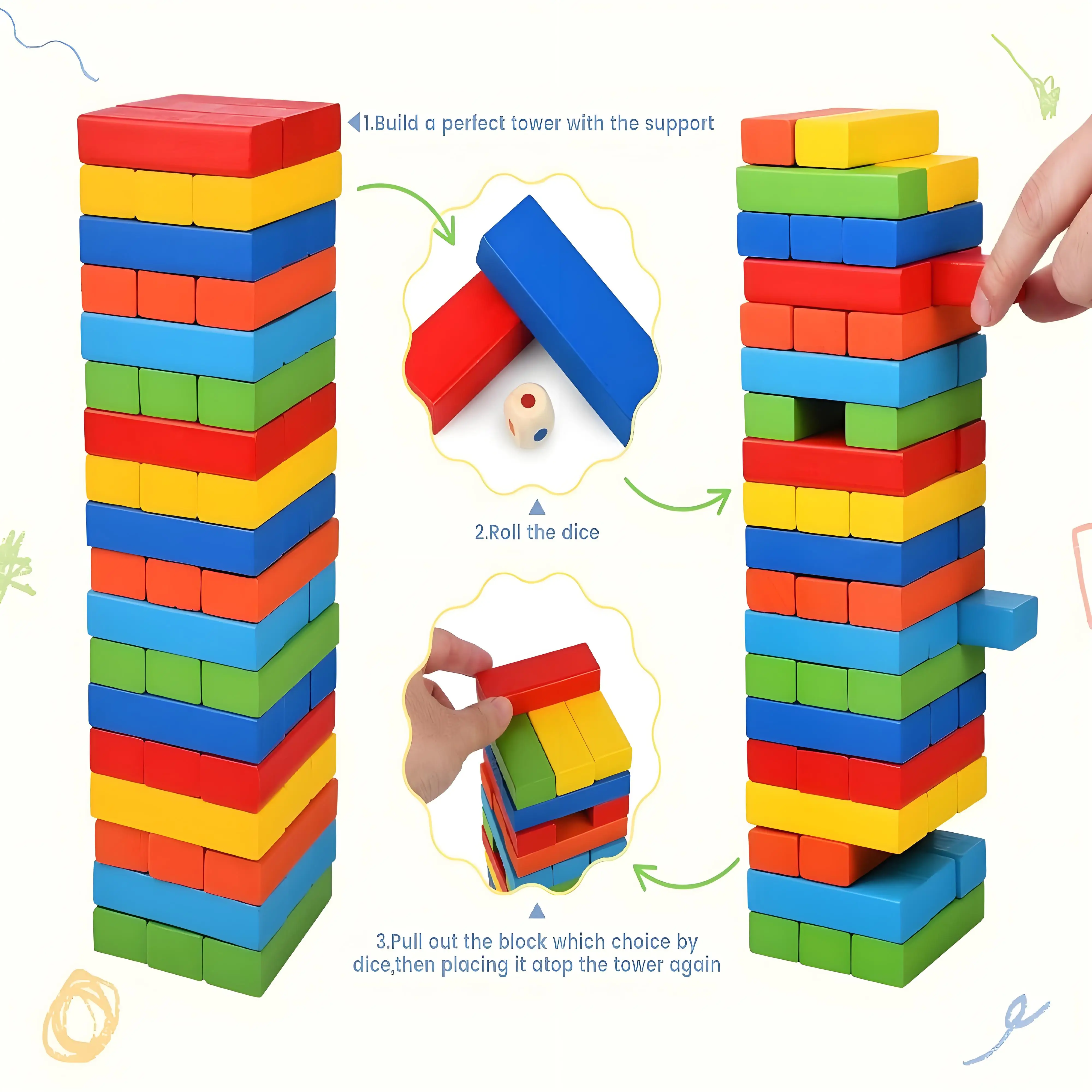 لعبة التراص الخشبية المكونة من 54 قطعة، برج كتل التوازن الملونة للأطفال والأسرة الليلية - لعبة جذعية تعليمية #5
