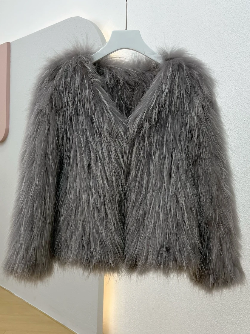 50cm Autumn Winter Women Real Raccoon Fur Coat Knitted Natural Fur Jacket Female Elegant V-neck Thick Warm Overcoat New White