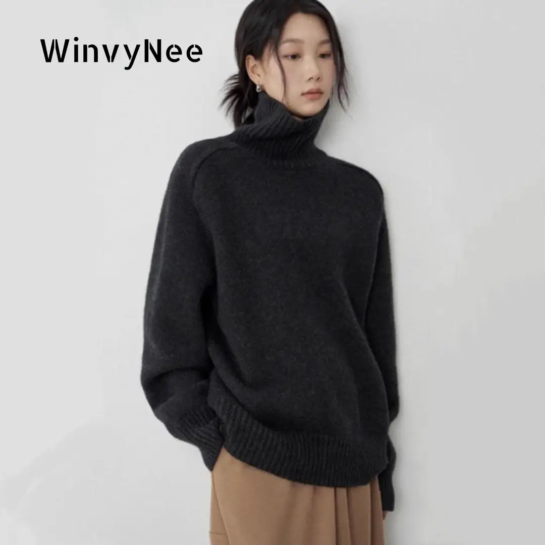 

WinvyNee Women's Loose Fit Pullover 100% Pure Wool Turtleneck Long Sleeve Warm Thick Knit Classic Comfy Versatile Top A1113013B