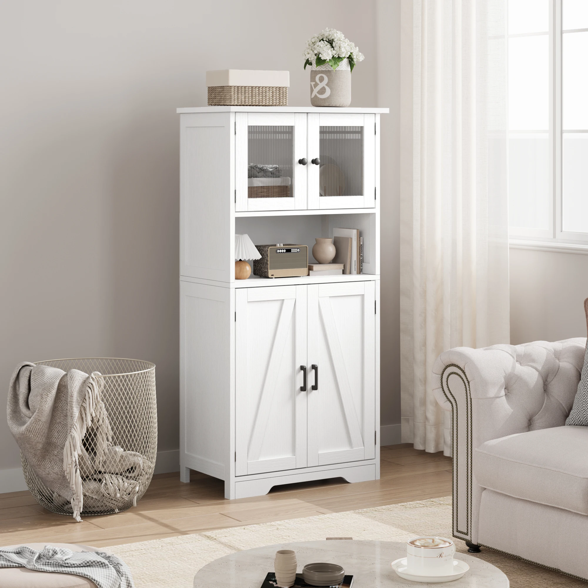 Armadio da ingresso alto 128 cm, mobile da terra multiuso in legno – 4 ante con inserto in vetro, ripiani regolabili, design country, per ingresso/bagno/cucina/soggiorno, bianco 60x30x128 cm