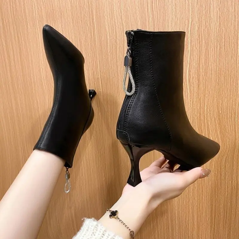 

Women Boots High Heels Pointe Shoes Boots-Women Zipper Stiletto Pointy Rubber Ladies 2024 Ankle Autumn Flock Pointed Toe plush