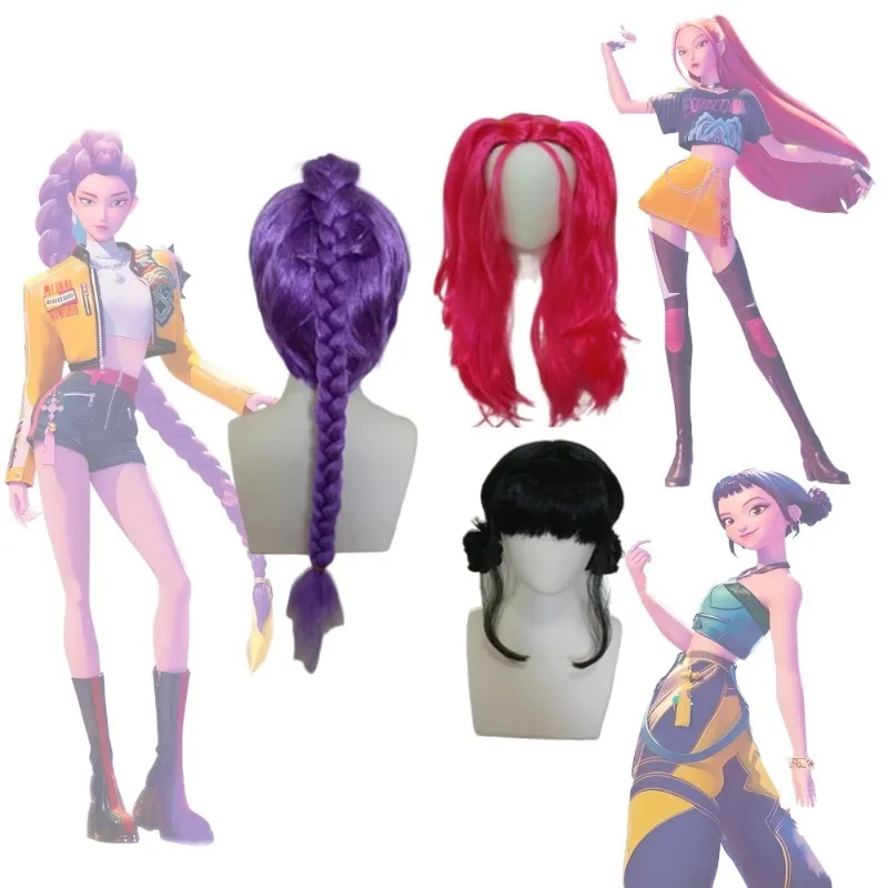 2025 NUEVA Película Kpop Niños Niñas Cosplay Peluca Mira Rumi Zoey Demon Hunters Púrpura Negro Rojo Pelo Largo Halloween Cosplay Accesorios