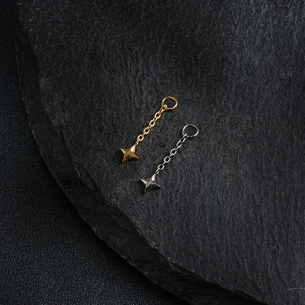 Right Grand ASTM F136 Titanium Mini Four Point Star Dangle Chain Charm for Helix Earlobe Hoop Huggie Earring Cartilage Tragus Nose Labret Lip Piercing Body Jewelry