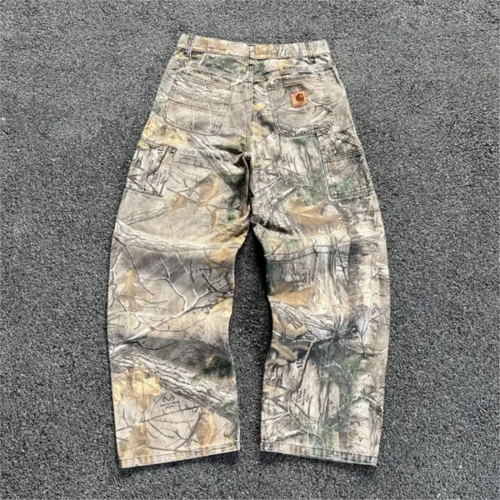 Men\'s Branch Camouflage Jeans American Style Old Washed Wide Leg Retro Loose Fashion Trend Street Straight Jeans Camo Pants Y2K