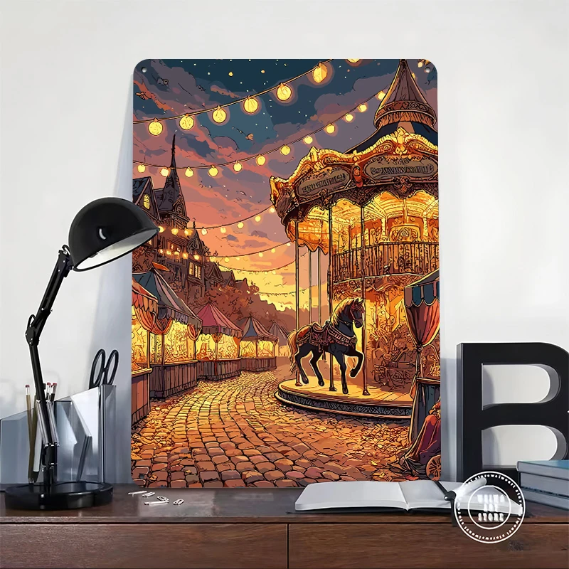 Carousel At Dusk Tin Poster Customized Wall Art Retro Vintage Metal Signs for Fans Room Setup Decorations Coffee Bar Accessories