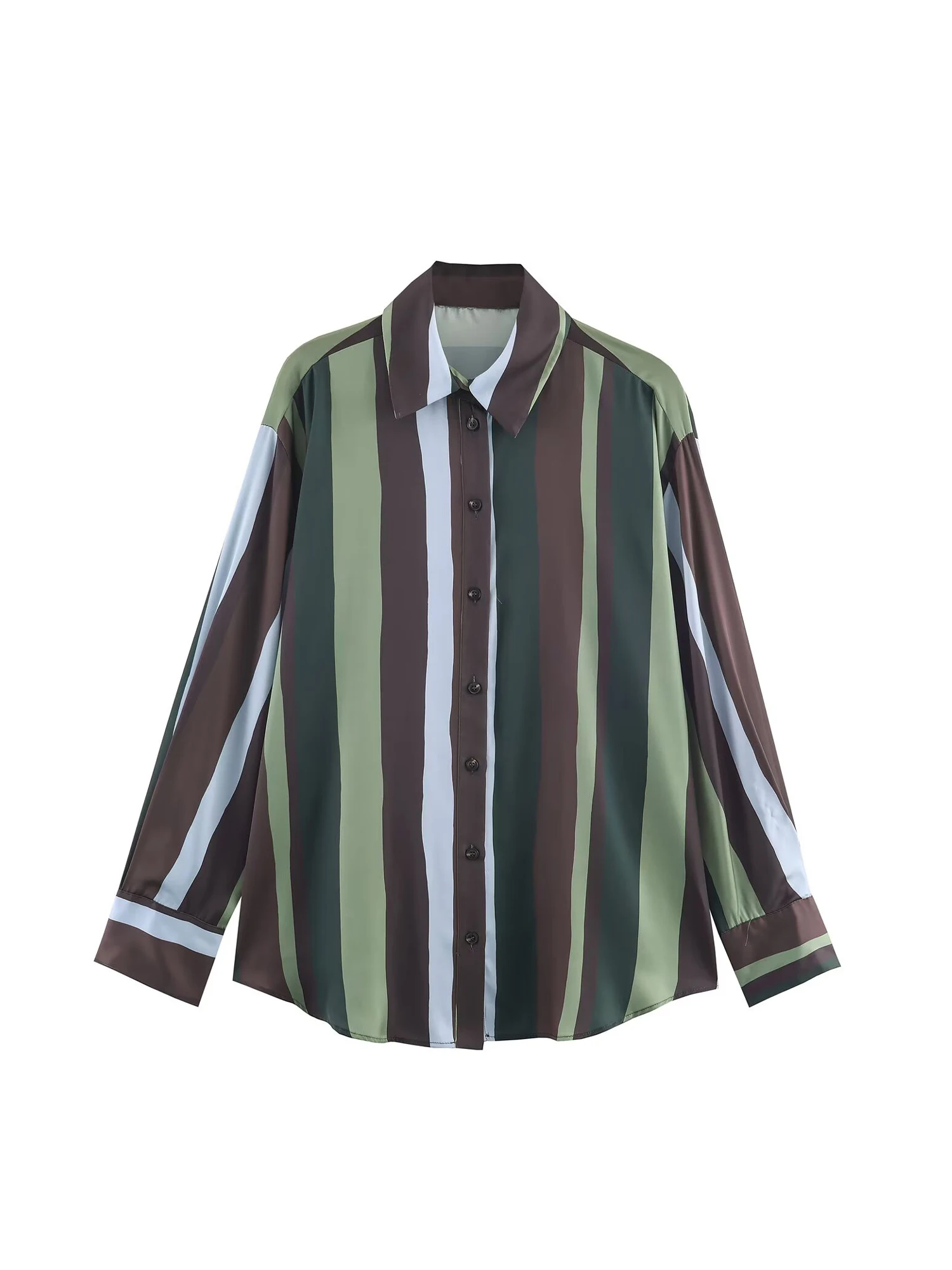 Women Green Striped Polo-Neck Shirts Blouses Y2k Vintage 2000s Elegant Aesthetic Long Sleeve Oversize Shirt Spring Autumn 2025