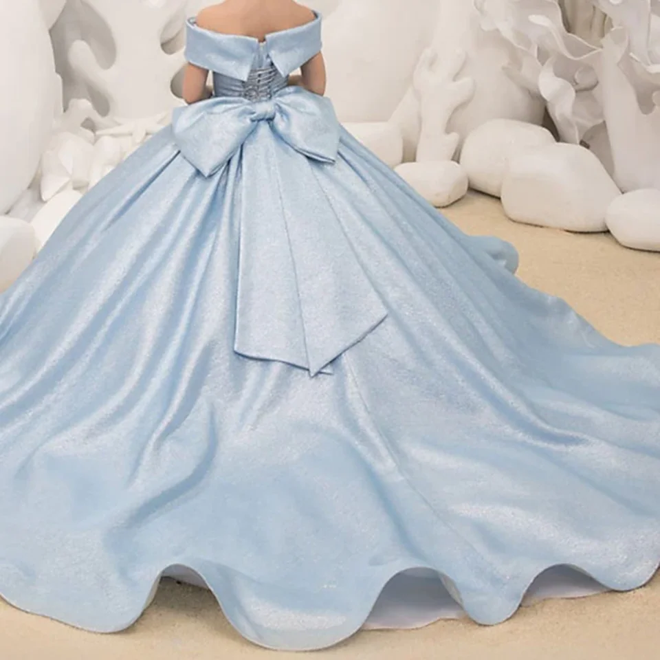 Off Shoulder Long Flower Girl Dresses Elegant Bow Princess Satin Ball Gown for Kids Birthday Party First Communion Dress