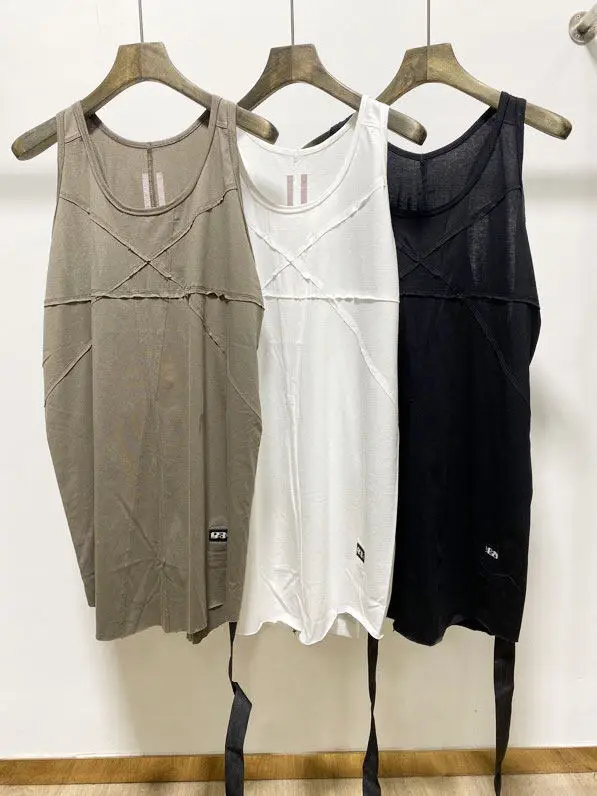 

Unisex Summer Dark Style Designer Sleeveless Vest, Mid-Long Length, Ribbon Webbing Detail, Geometric Cut Lines, Raw Edge Spliced