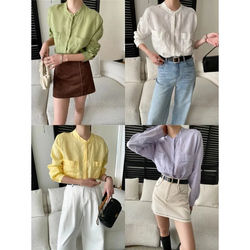French Style Simple Round-neck Pocket Green Shirt With Collar Casual Long Sleeve Blouse For Women Work Casual Elegant Daily 59I2