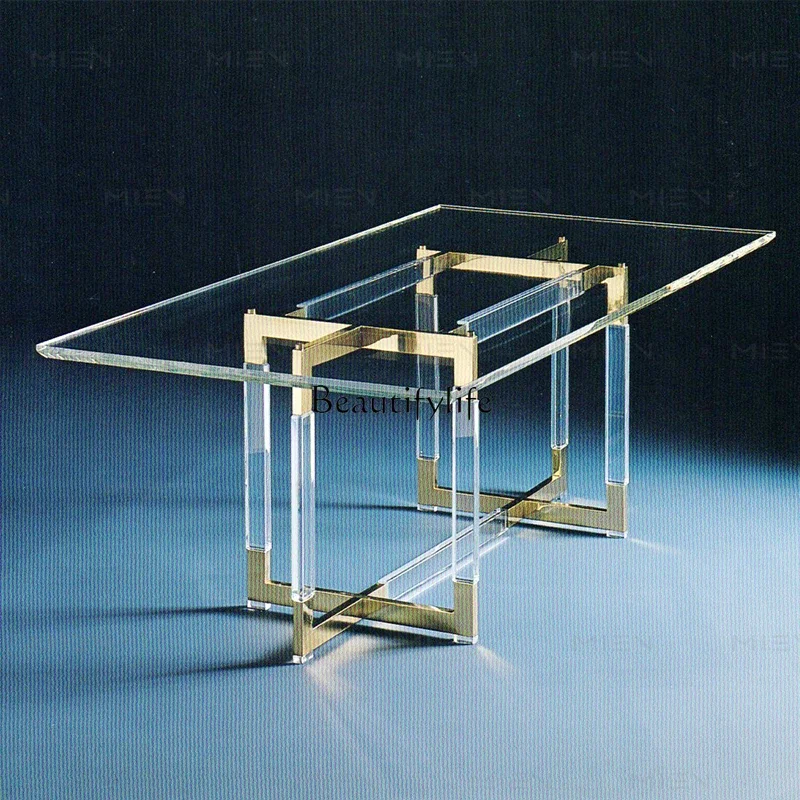 ls 04Personalisierter Esstisch aus transparentem Acryl, galvanisierter Sockel aus Edelstahl mit Champagnergold, hochtransparentes Plexiglas