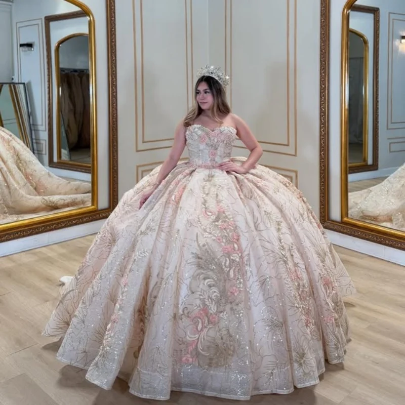 

Customized Shiny light pink Quinceanera Dresses Off the Shoulder crystal glitter decal Long tail flower Vestido 15 Quinceanera