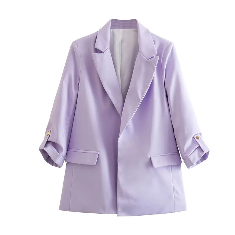 

Summer Spring One Button Blazer Coat Vintage Three Quarter Sleeve Flap Pockets Female Outerwear Chic Veste Femme