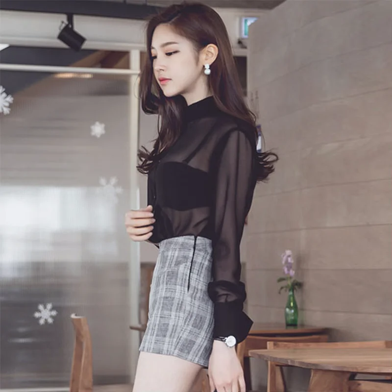 Sexy See-through Women Blouse Tops 2024New Spring Summer Thin Single Breasted Black Chiffon Shirts For Ladies Long Sleeve Blusas