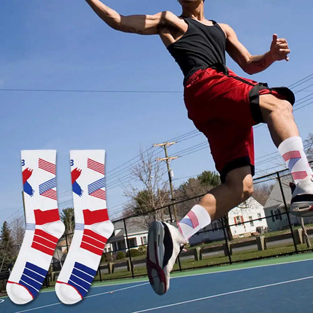 1 Pair Basketball Socks Good Elasticity Non-slip Vibration Damping Pressurized Knitted Fabric Thickened Terry Bottom High Socks