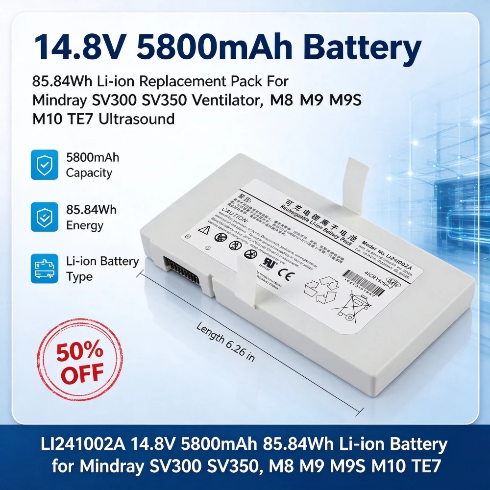 LI241002A 14.8V 5800mAh 85.84Wh Replacement Li-ion Battery for Mindray SV300 SV350 Ventilator, M8 M9 M9S M10 TE7 Ultrasound