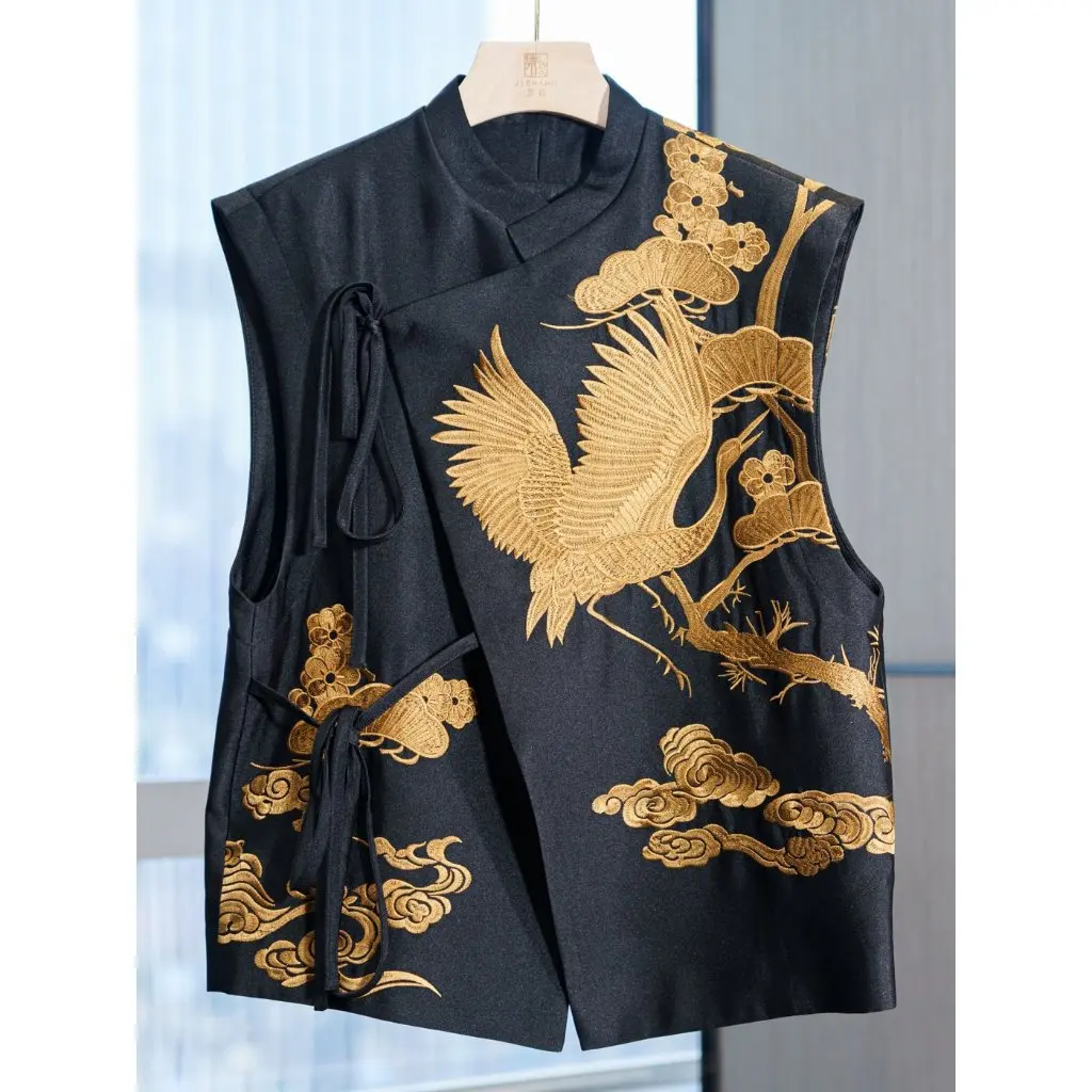 

Women's National Tide Style Vest Coat Western Fashion Heavy Industry Crane Embroidery Loose Lace-Up Top