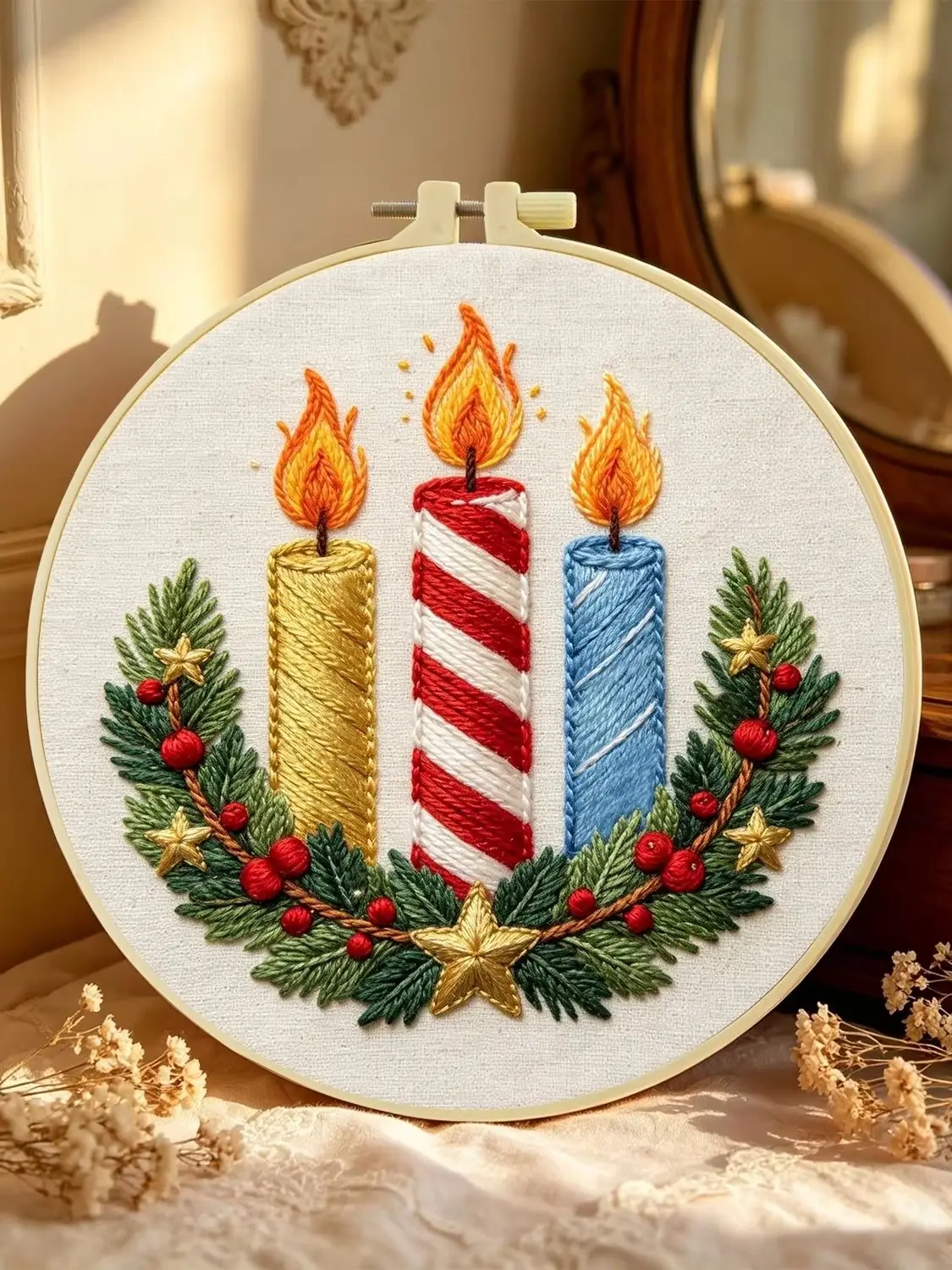 1 Set Weihnachtskerzen DIY-Stickerei-Set für Anfänger, Stickerei-Starter-Kit, Kreuzstich-Kunstgeschenk, Handarbeits-Bastelset – Detail 1