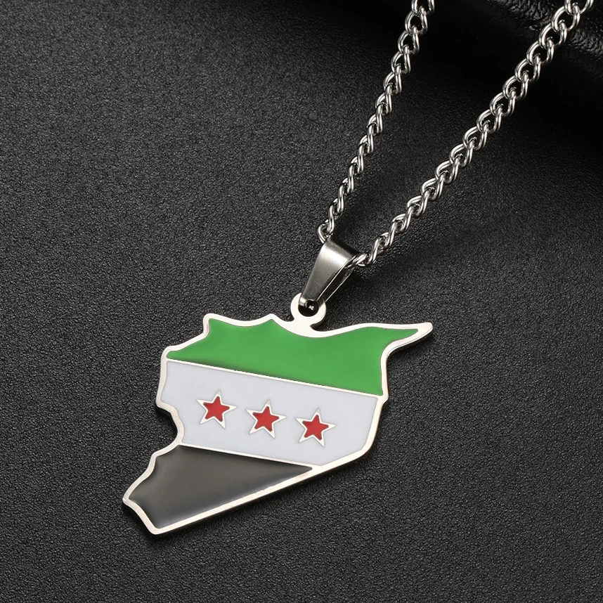 LIKGREAT Trendy Syria Map Flag Pendant Necklaces Stainless Steel Syrians Map Hiphop Jewelry Gift for Women Men view 3