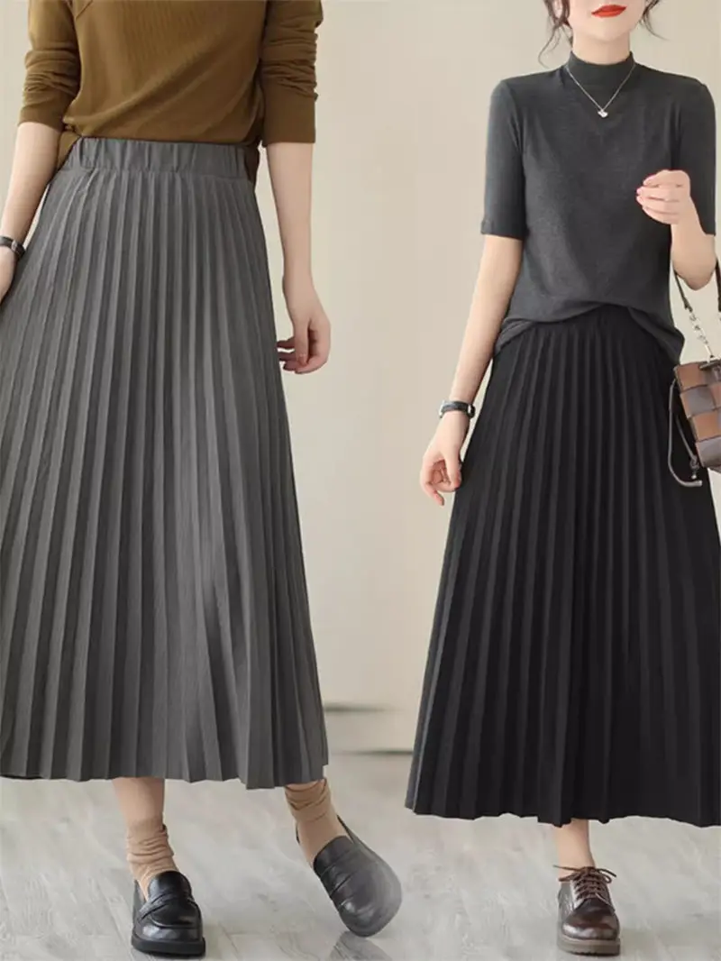 Literary And Artistic Style Casual Pleated Oversized Knitted Skirt Solid Color Design High Waist Midi Skirt For Women K461