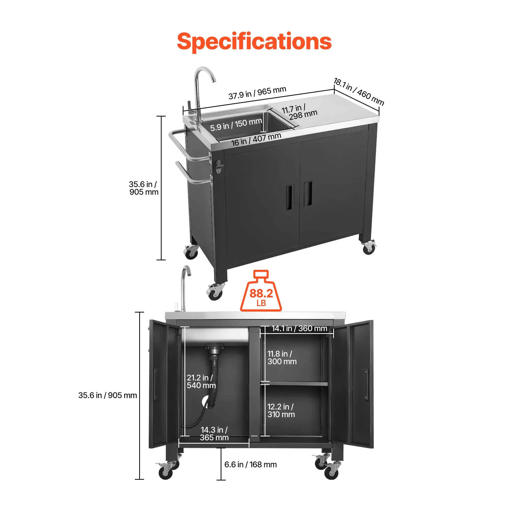 Outdoor Grill Cart with Sink and Storage Cabinet, 38 Inch Grill Table, Waterproof Kitchen Island with Stainless Steel Top, Spice Rack, Wheel, Movable Food Prep Station for Patio Bar Backyard BBQ