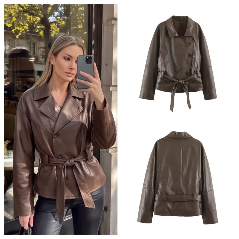 Womens Classic Commuter Style Jacket 2026 Fall New Brown Belt Decorated Motorcycle Faux Leather Fashion Personality Outerwear